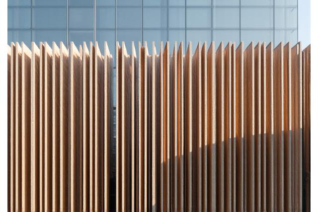 Moderne Holzfassade eines Gebäudes mit präzisen Lamellen und Schatten