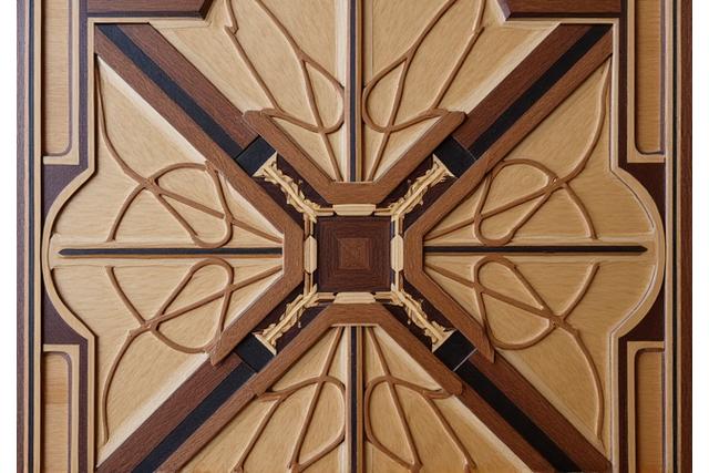 Holzplatte mit einem präzisen, eingelegten geometrischen Muster, dem Goldenen Schnitt folgend
