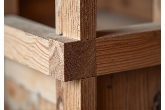 Detailansicht einer komplexen, perfekt ausgeführten Holzverbindung ohne Schrauben
