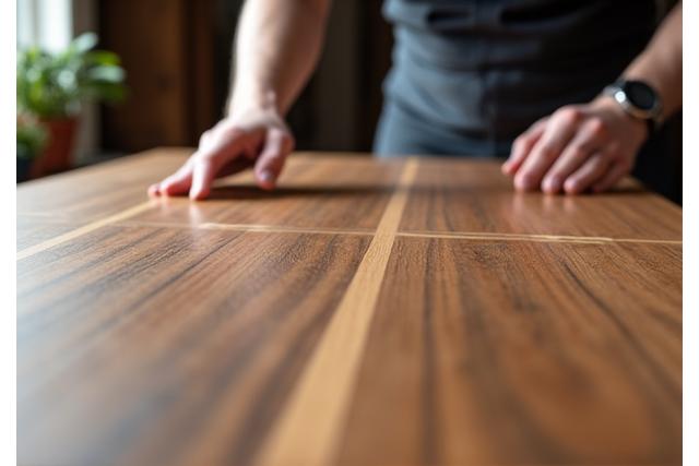 Massgeschreinerter Holztisch mit geometrischen Intarsien, unterstreicht Präzision