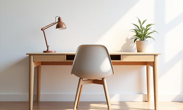 Minimalistischer Schreibtisch aus heller Birke mit versteckten Fächern