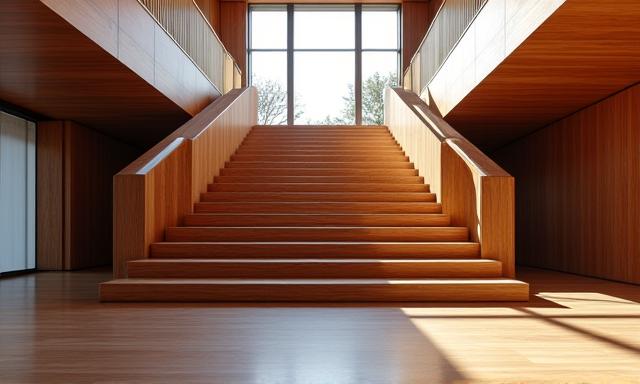 Moderne Holztreppe mit schwebenden Stufen in einem Eingangsbereich