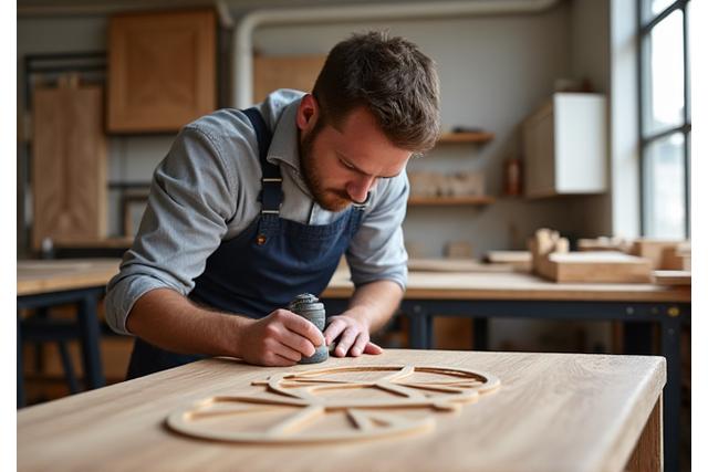 Ein Handwerker arbeitet präzise an einem Holzstück in einer modernen Werkstatt